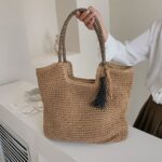 Bolsa de Ombro Grande de Palha Sintética com Zíper