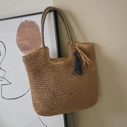 Bolsa de Ombro Grande de Palha Sintética com Zíper