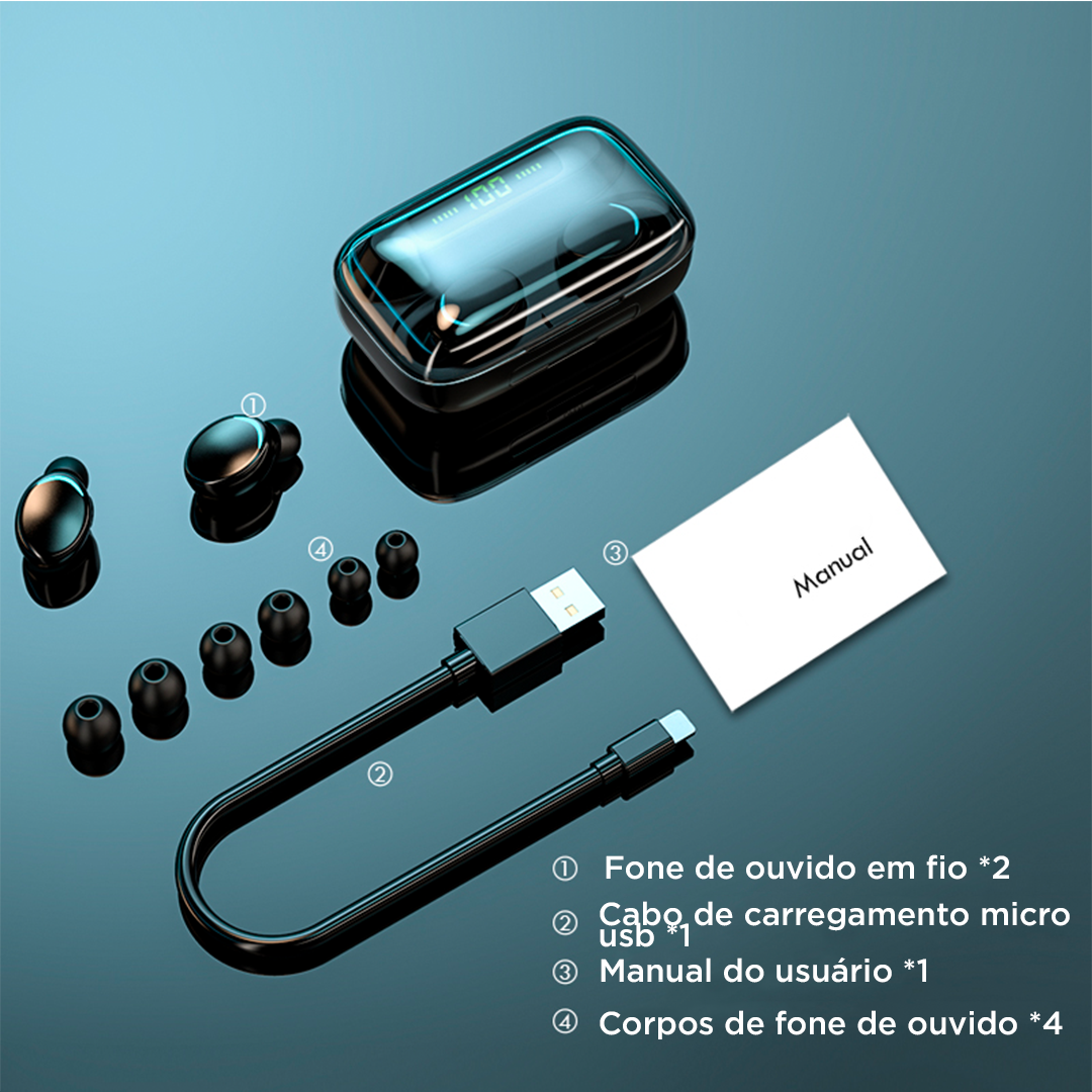 Fone de Ouvido Bluetooth 5.0 TWS F9 à Prova d'Água com Display LED
