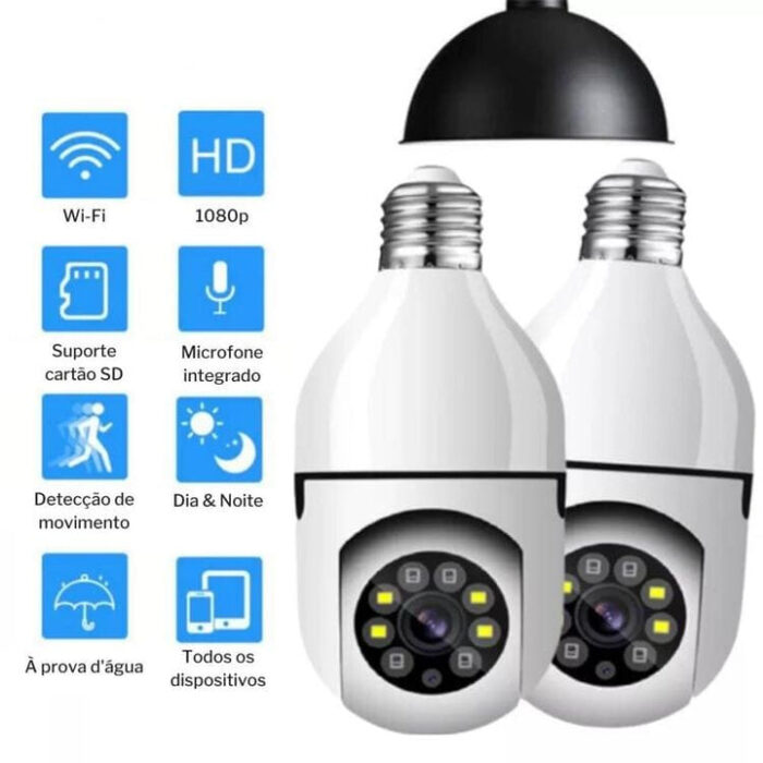Câmera de Segurança 360° Wi-Fi com Encaixe de Lâmpada Visão Noturna