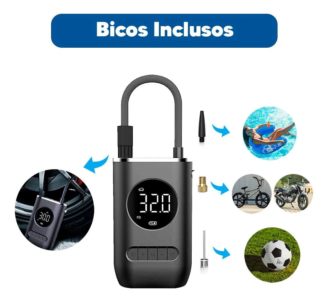 Compressor de Ar Portátil Digital Sem Fio com Lanterna LED