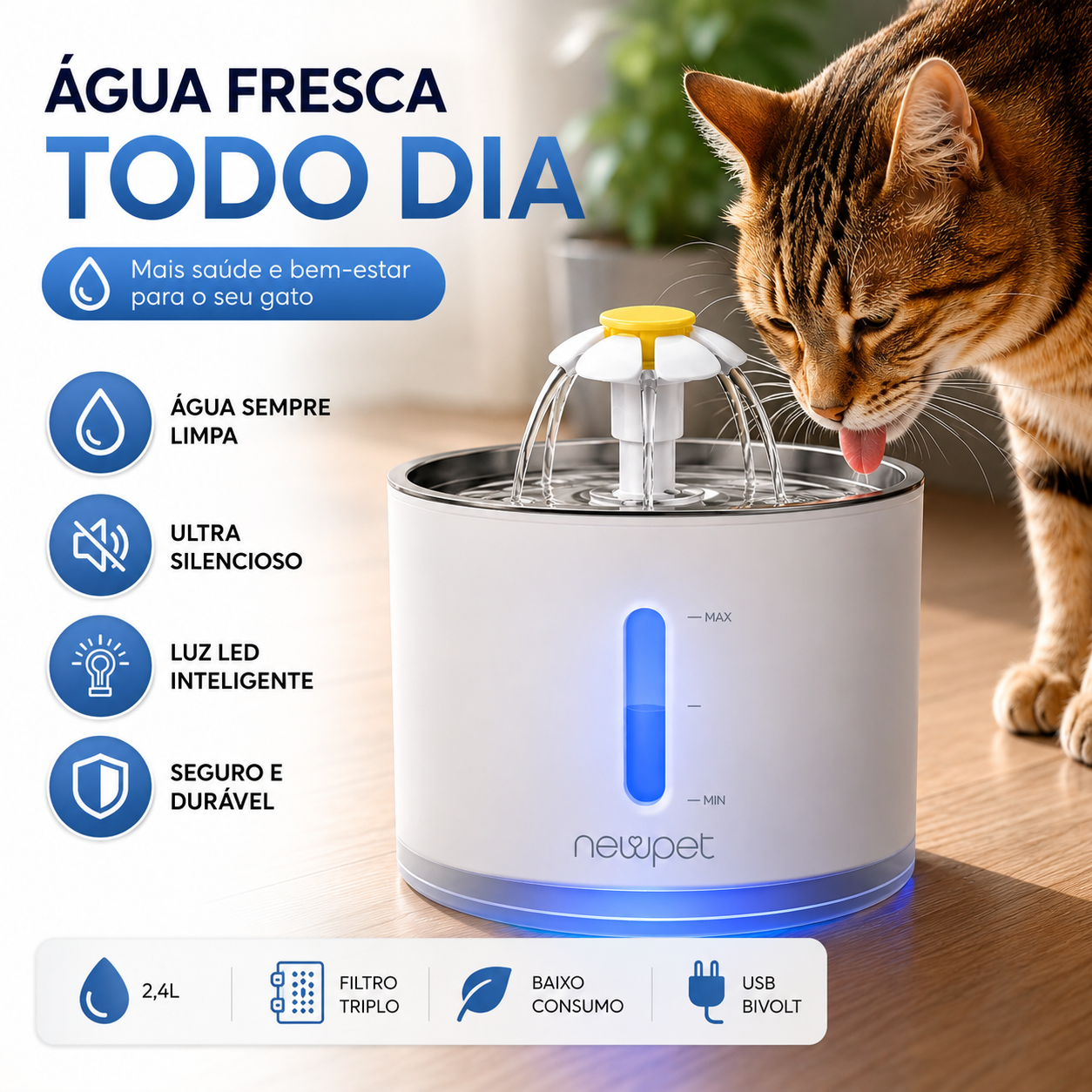 Fonte de Água Pet com Filtro e LED Capacidade 2.4L