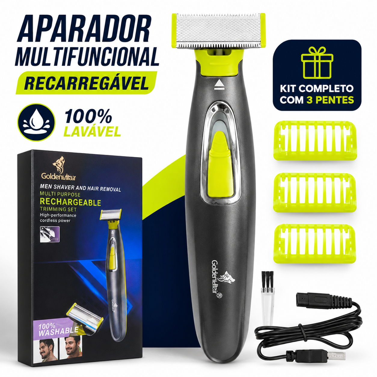 Aparelho de Barbear Elétrico USB à Prova D'Água IPX7 Profissional Bivolt