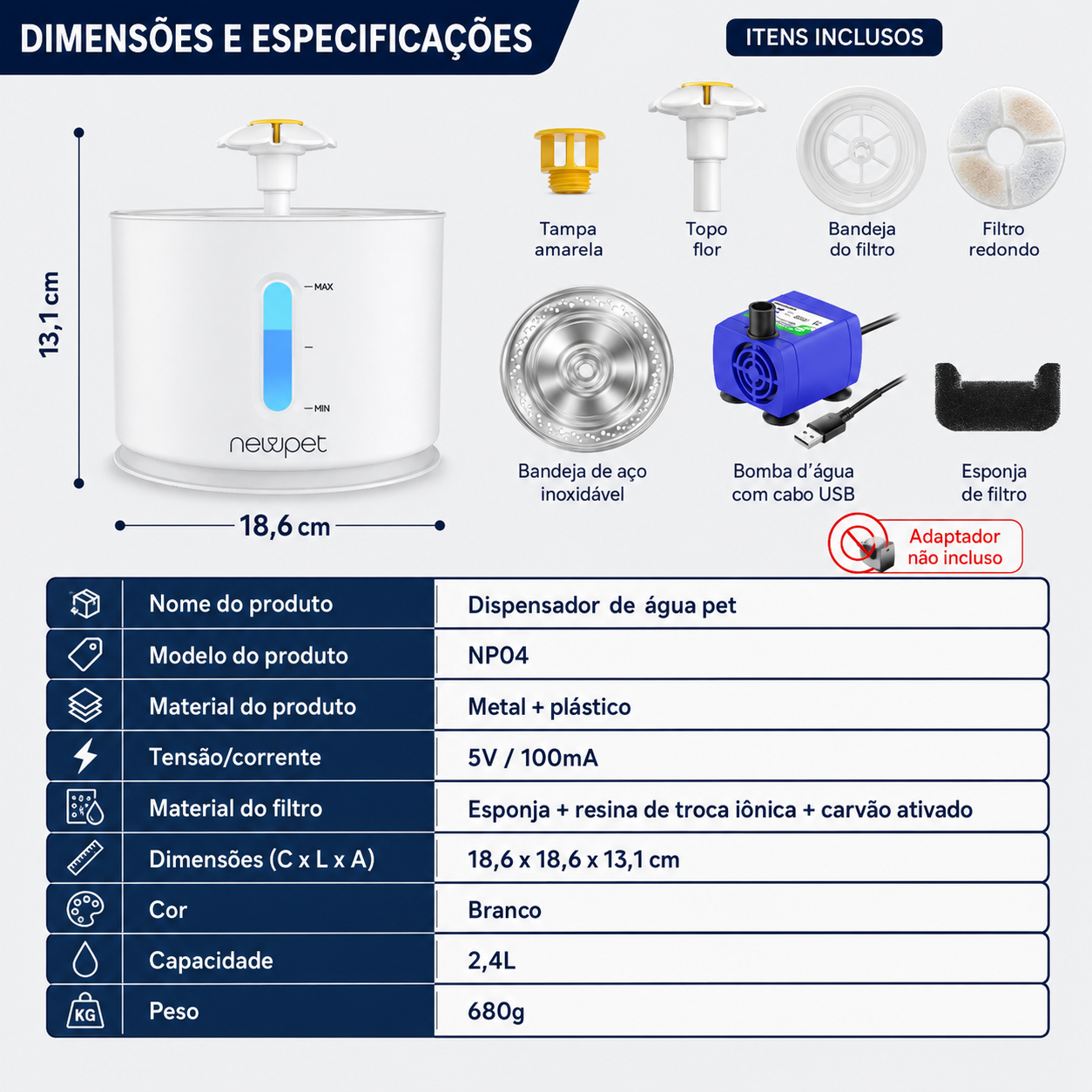 Fonte de Água Pet com Filtro e LED Capacidade 2.4L