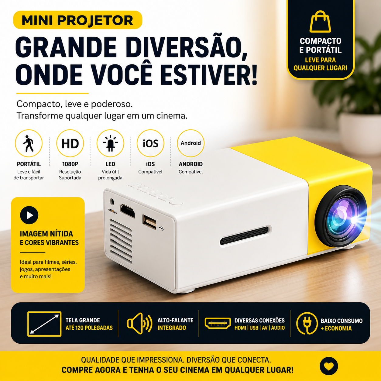 Mini Projetor Portátil LED 1080p 600 Lumens HDMI YG300