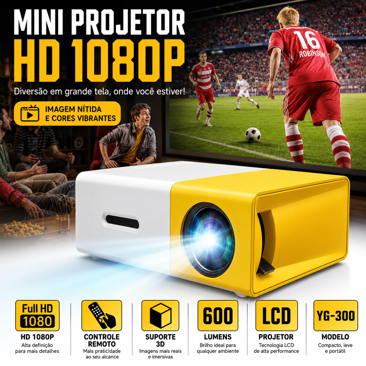 Mini Projetor Portátil LED 1080p 600 Lumens HDMI YG300