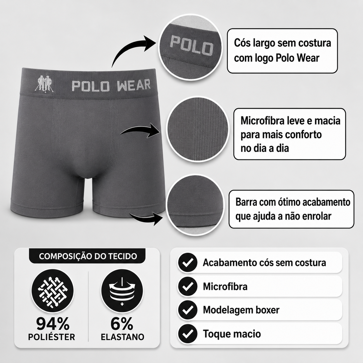 Kit Cueca Boxer Polo Wear Microfibra Sem Costura